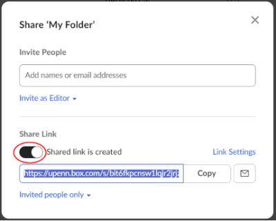 A screenshot of a dialogue window titled "Share 'My Folder'." Under the section labeled "Share Link," a toggle switch labeled "Shared link is created" is circled in red.
