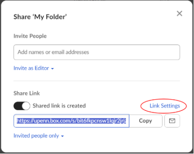 A screenshot of a dialogue menu titled "Share 'My Folder'." Under the section titled "Share Link," a link named "Link Settings" is circled in red.