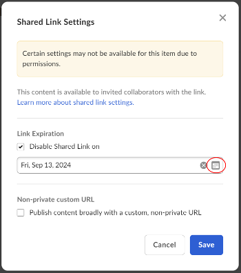 A screenshot of a dialogue window titled "Shared Link Settings." Under the section titled "Link Expiration," a small calendar icon is circled in red.