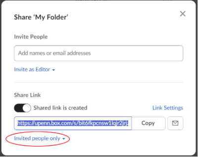 A screenshot of a Box dialogue window titled "Share 'My Folder'." The dropdown titled "Invited people only" at the bottom of the window is circled in red.