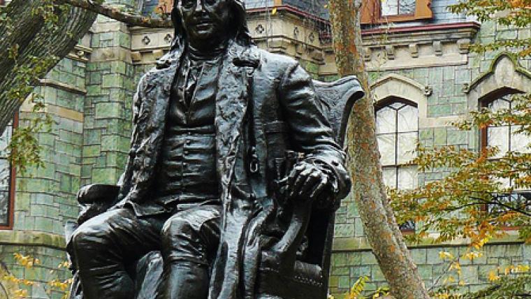 Statue of Ben Franklin in front of College Hall