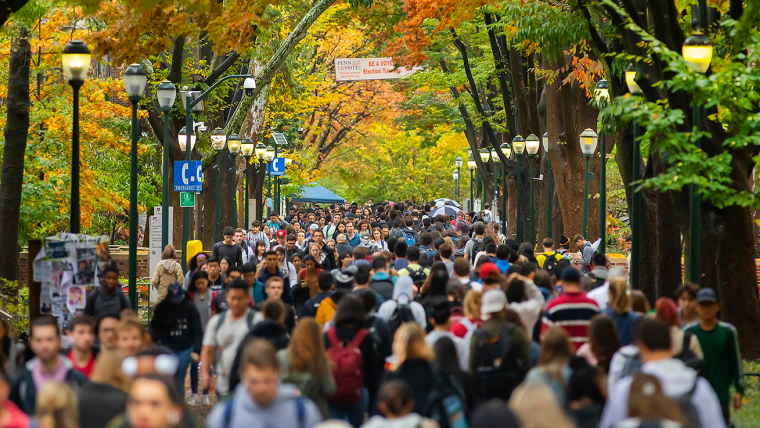 Crowds of people walking on Locust Walk