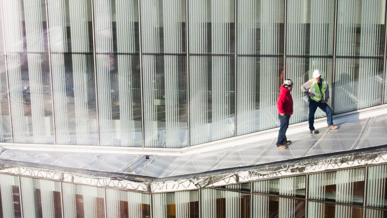 Glass facade of the Singh Center for Nanotechnology under construction