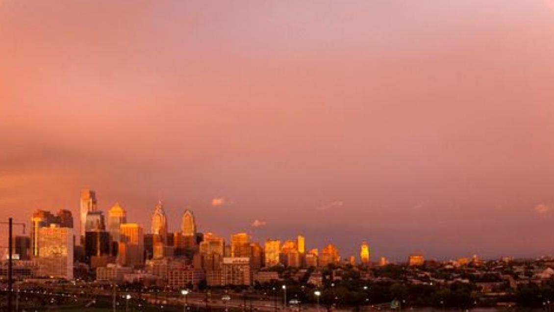 Rainbow over Philadelphia skyline