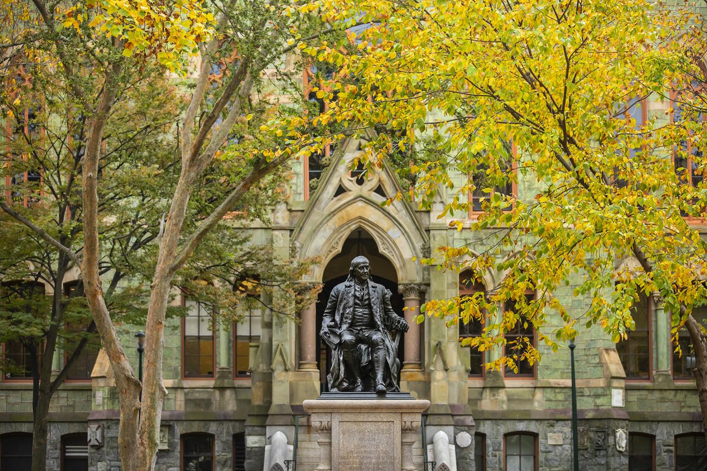 College Hall with statue of Benjamin Franklin
