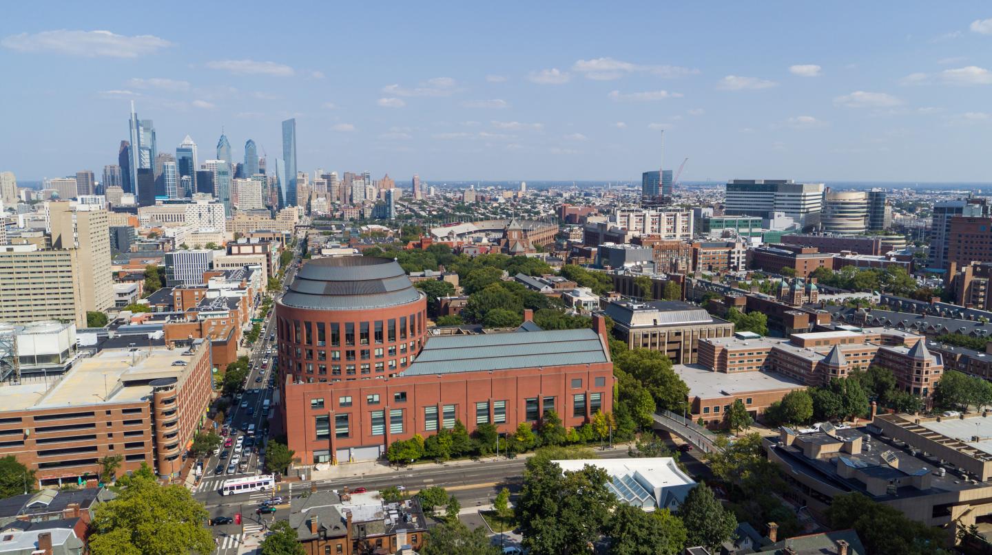 University of Pennsylvania skyline looking east with Wharton's Huntsman Hall in foreground