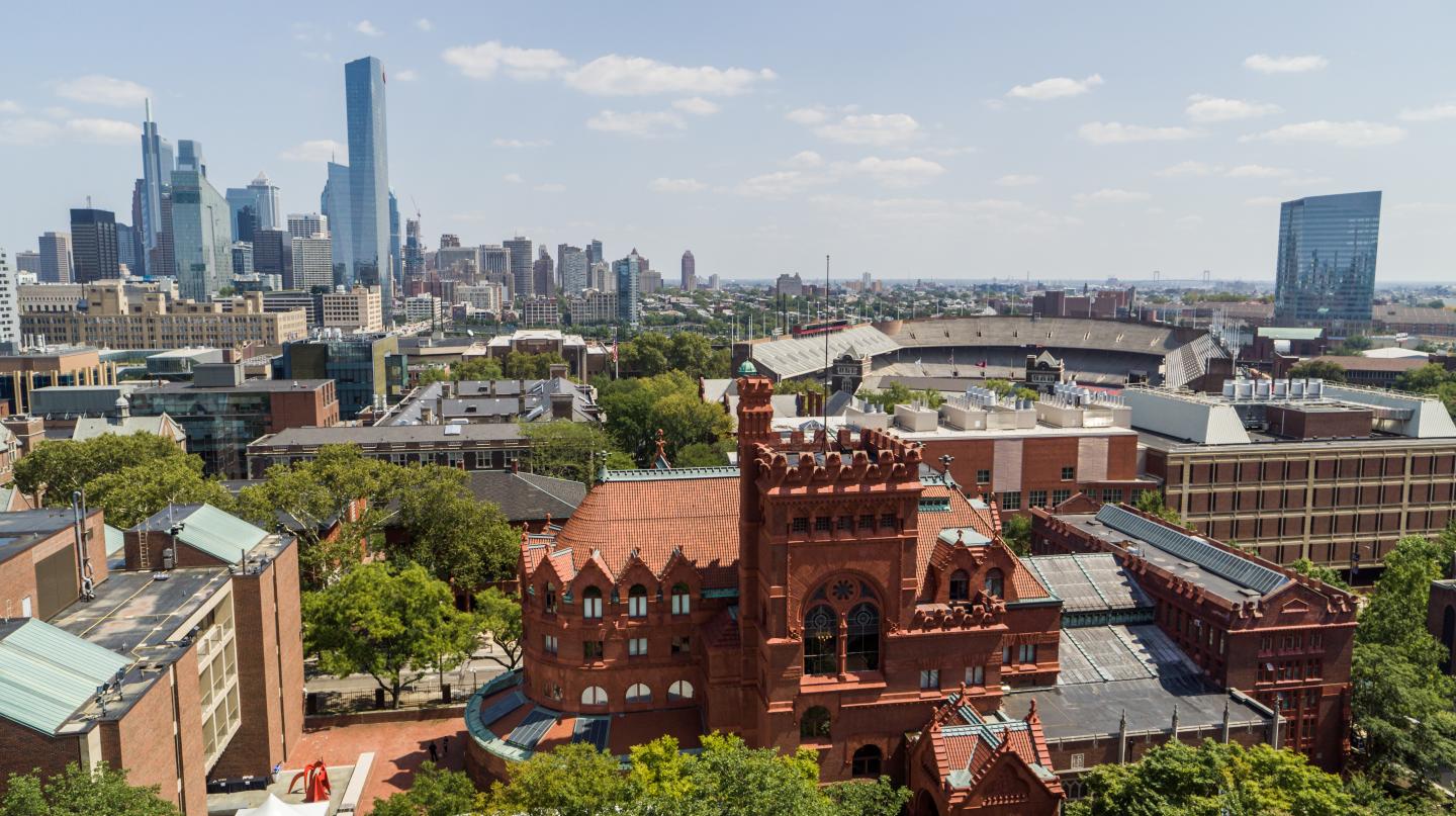 University of Pennsylvania skyline looking east with Fisher Fine Arts Library in foreground