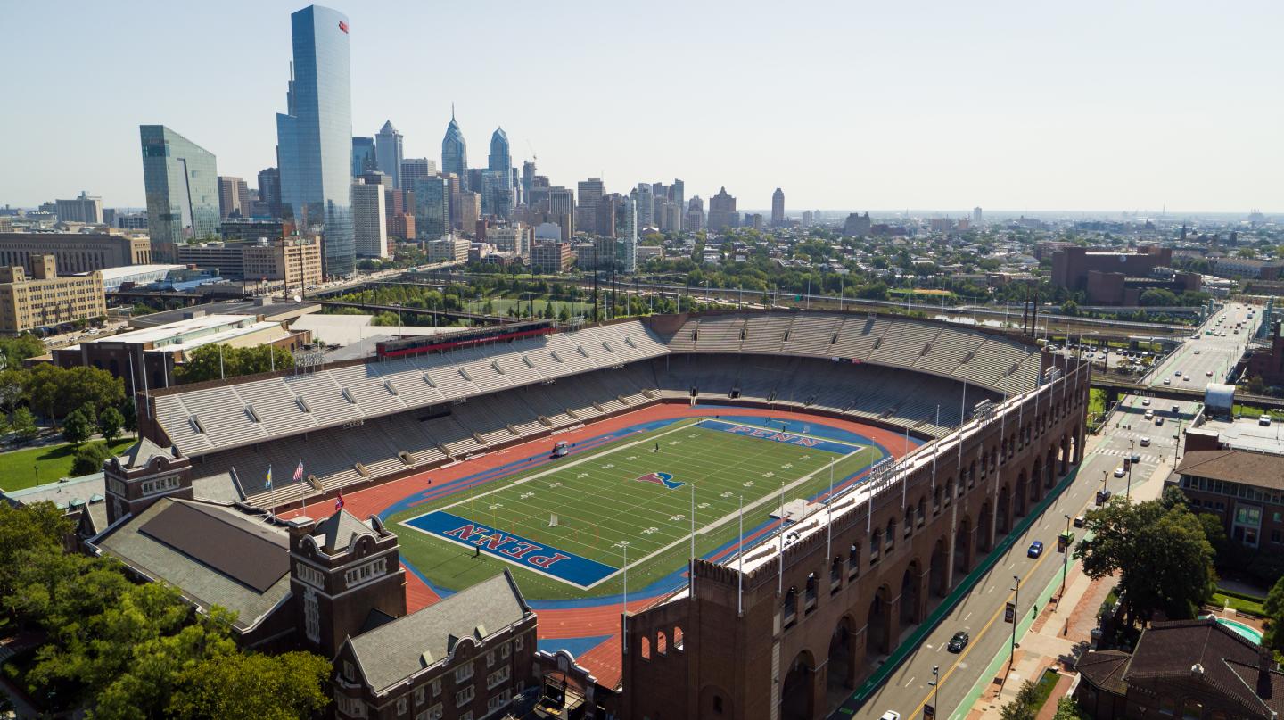 University of Pennsylvania skyline looking east with Franklin Field in foreground