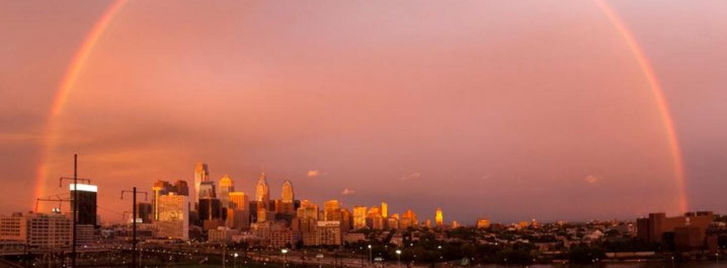 Rainbow over Philadelphia skyline