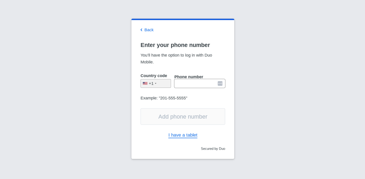 Enter phone number screen
