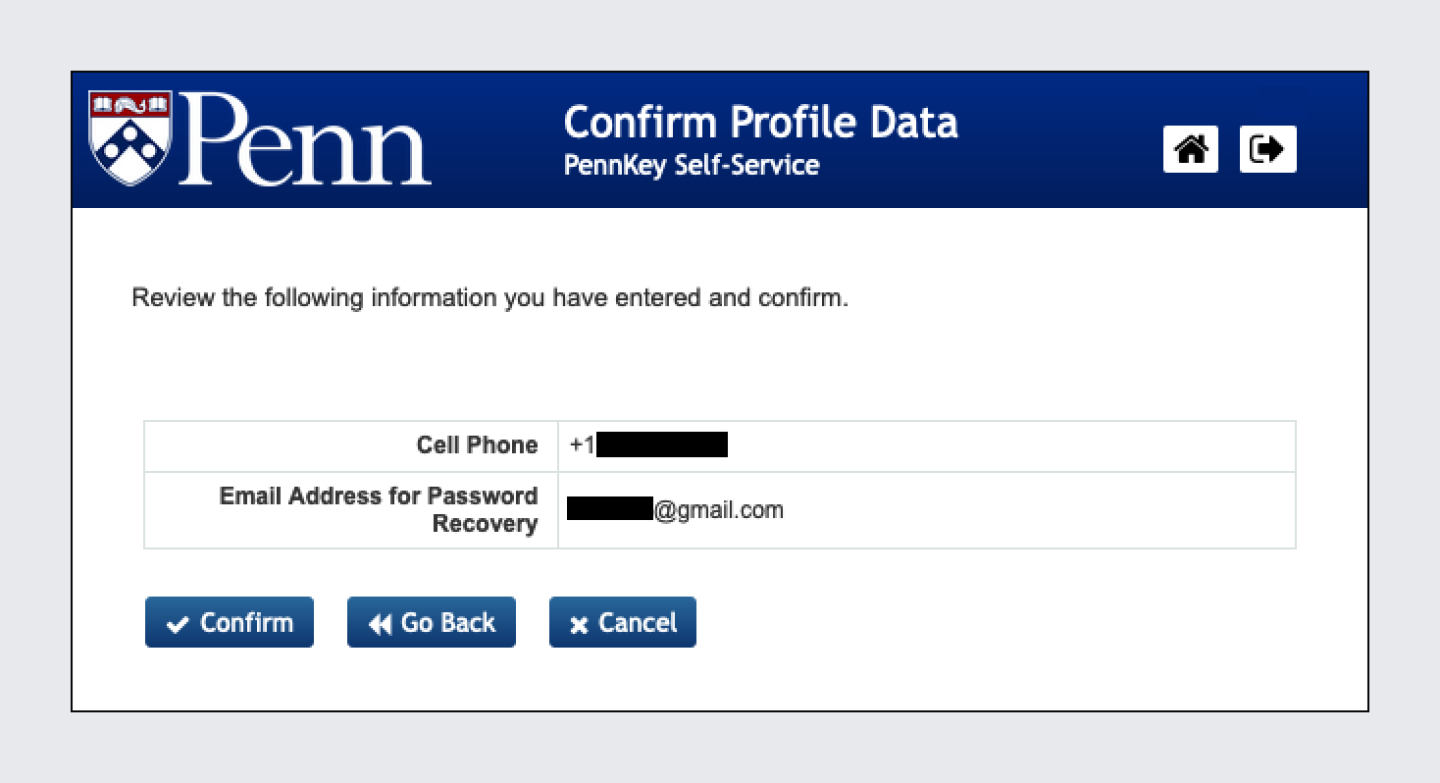 SSPR Confirm Profile Data screen