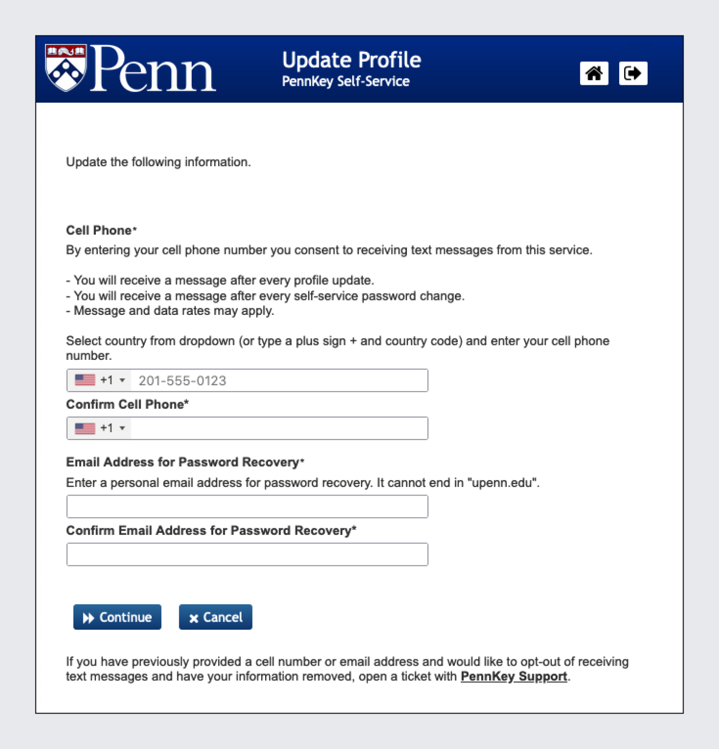 SSPR Update Profile screen