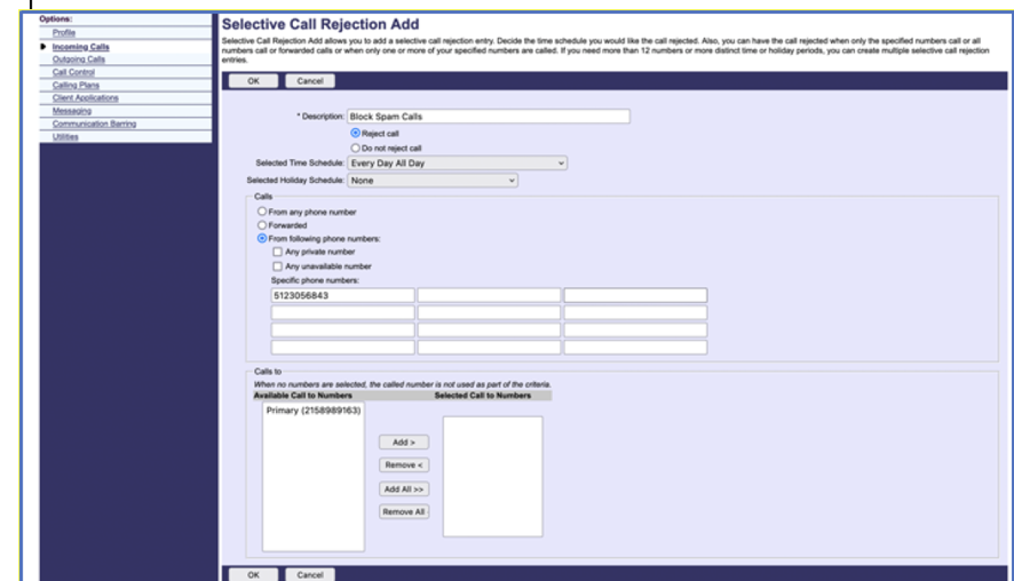 Selective Call Rejection Add
